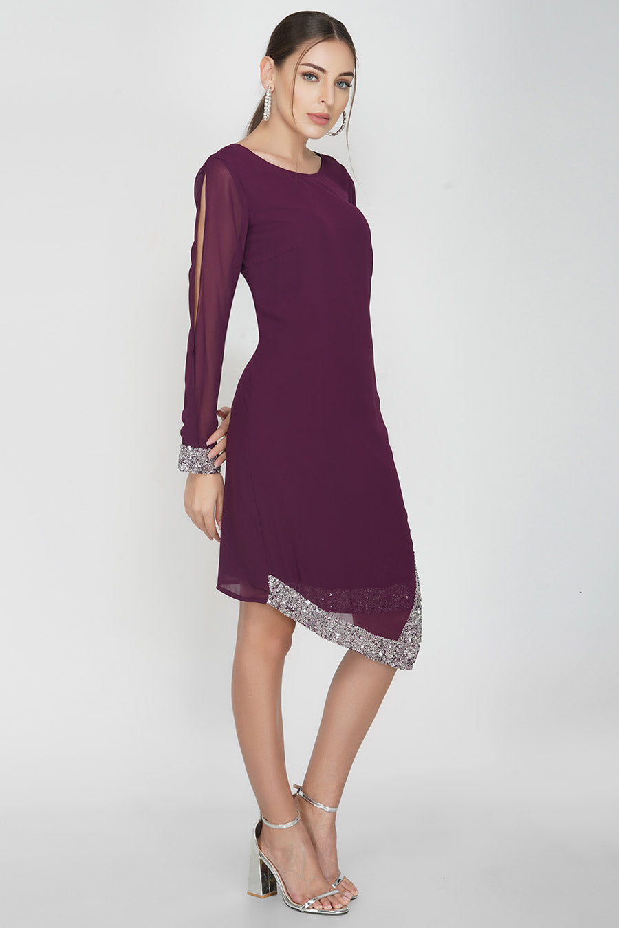 Maroon Asymmetric Cold Sleeve Dress