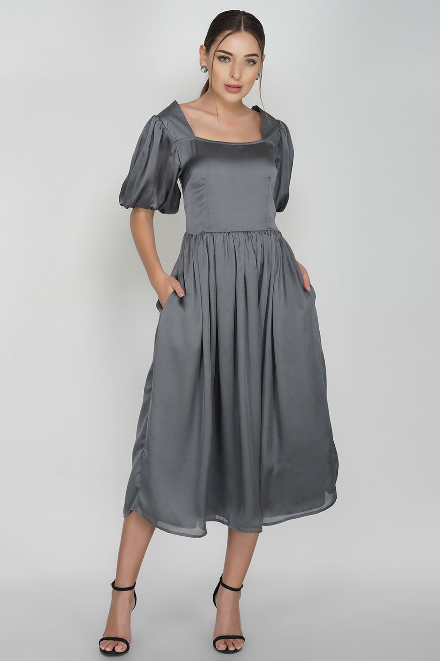 Grey Satin Flared Midi Dress