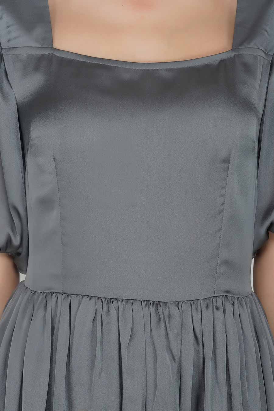 Grey Satin Flared Midi Dress