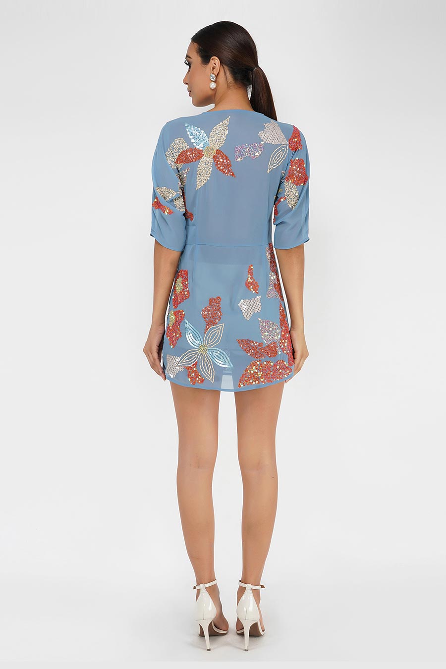 Floral Embriodered Blue Mini Dress