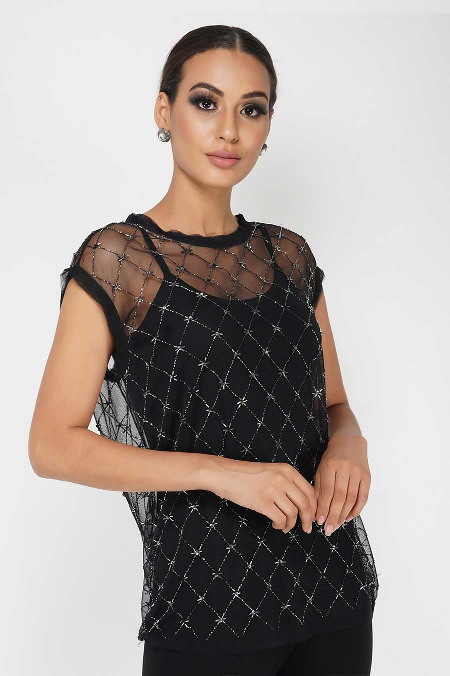 Beaded Grid Top With Camisole