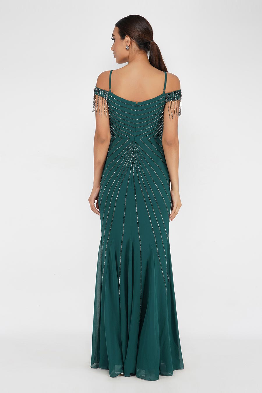 Pine Green Beaded Off-Shoulder Gown