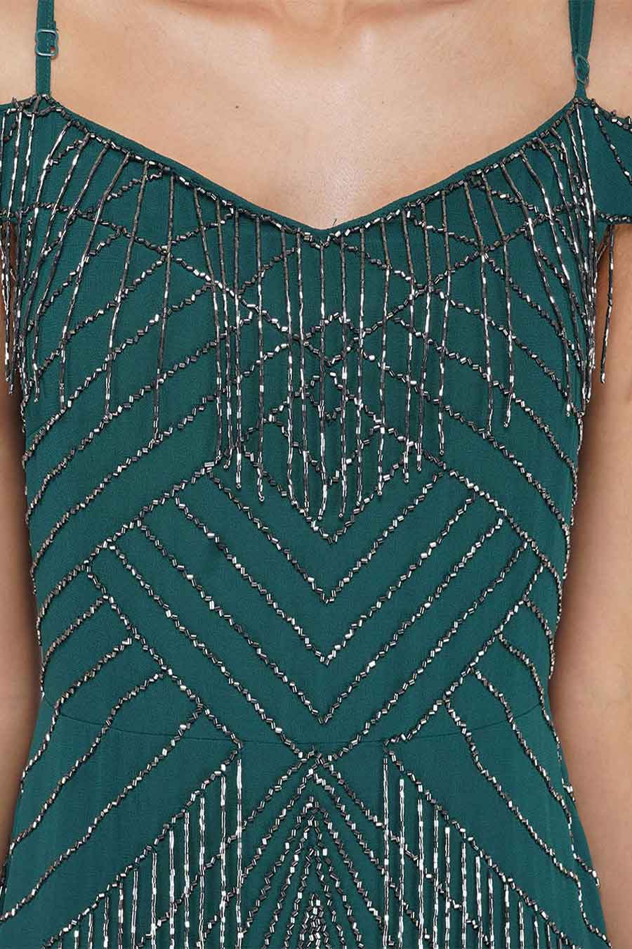 Pine Green Beaded Off-Shoulder Gown