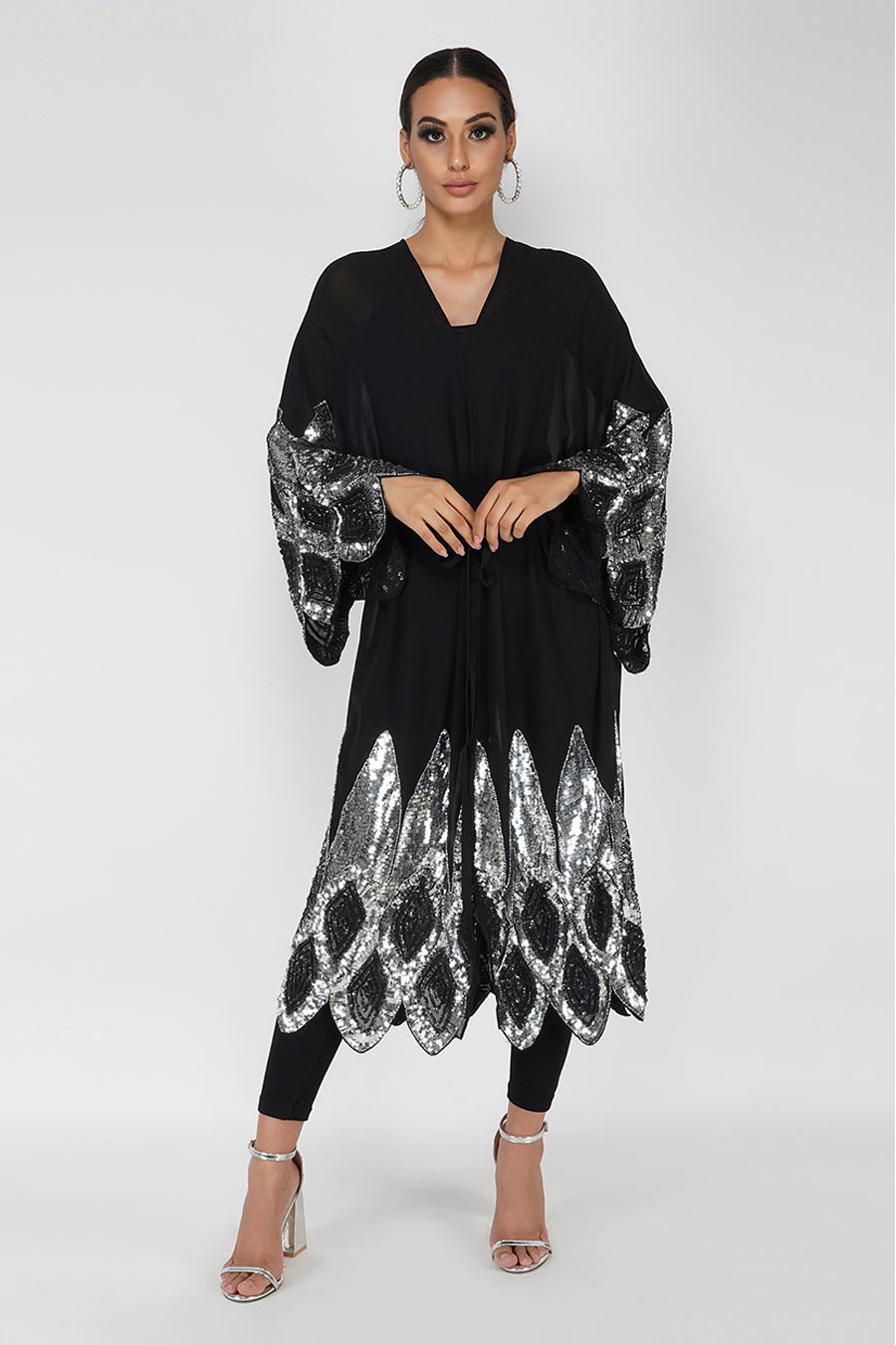 Silver Sequin Embroidered Long Shrug