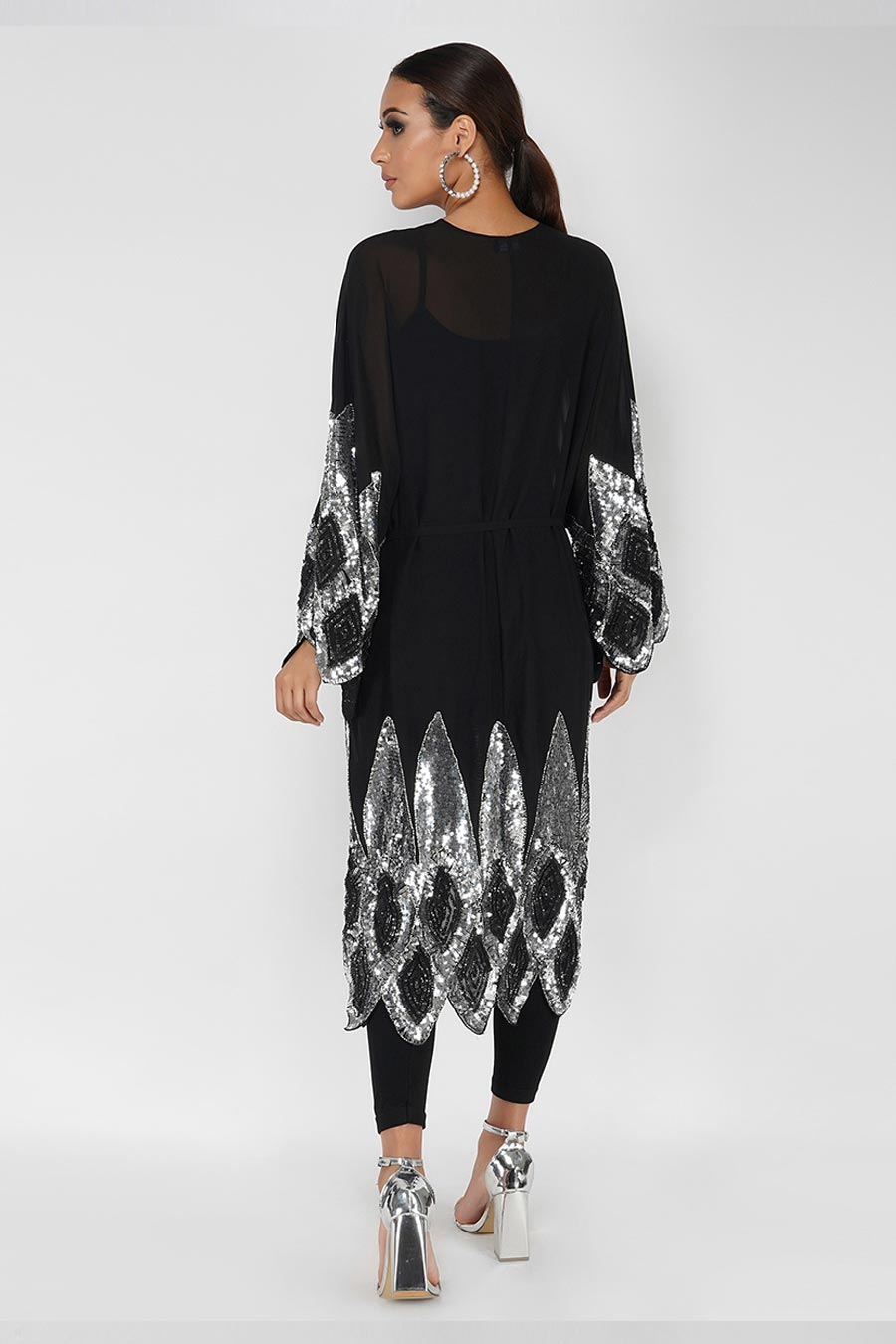 Silver Sequin Embroidered Long Shrug