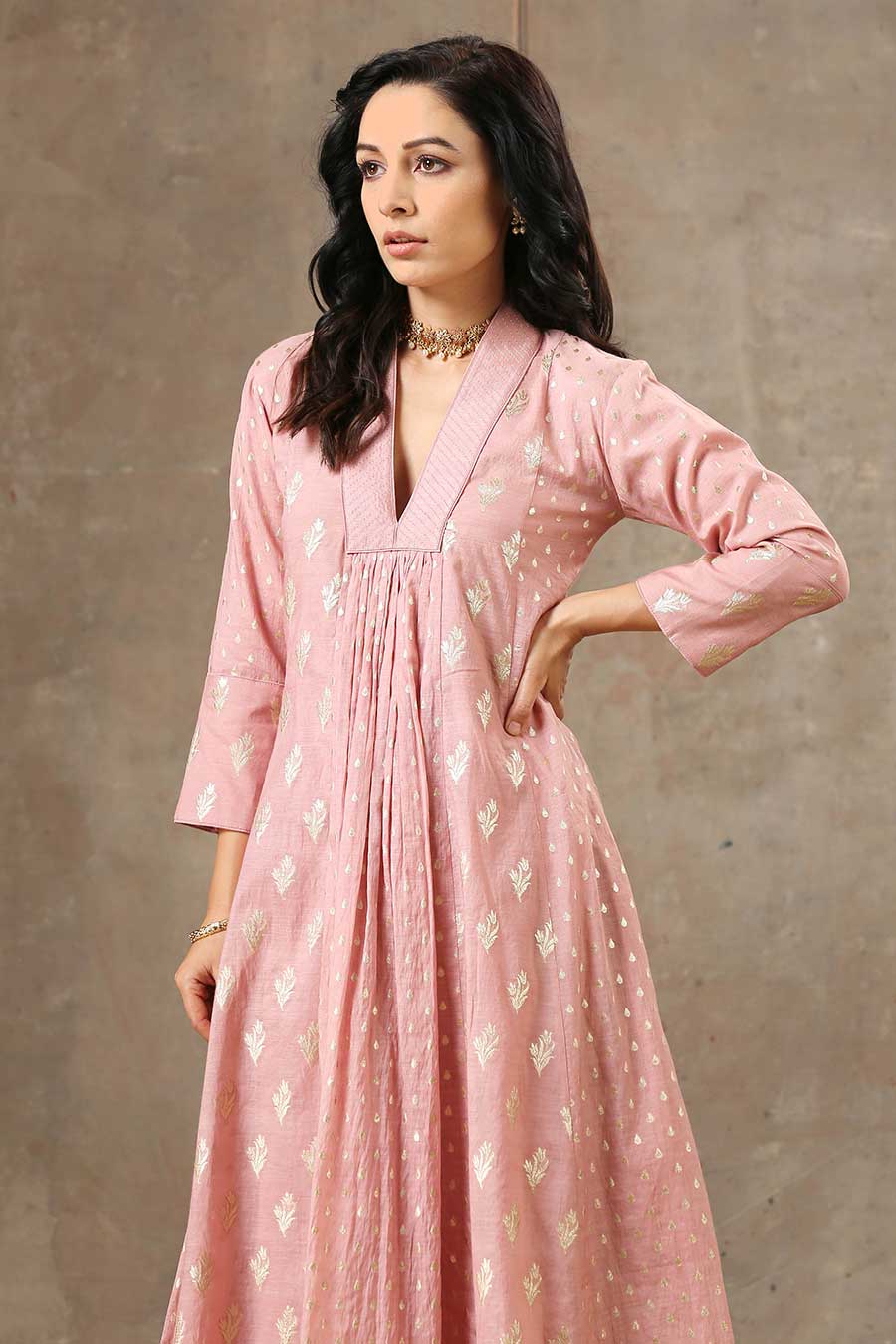 Pink Silk Chanderi 5 Kali Kurta Set With Dupatta