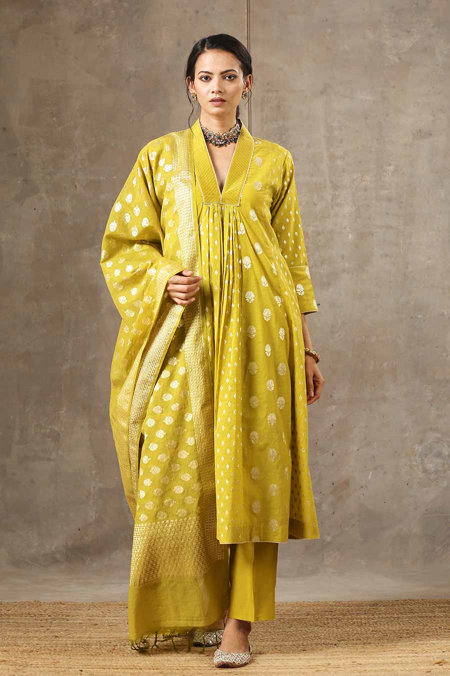 Yellow Silk Chanderi 5 Kali Kurta Set With Dupatta