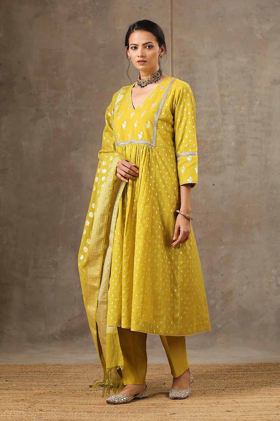 Yellow Chanderi Silk Kurta Set With Dupatta