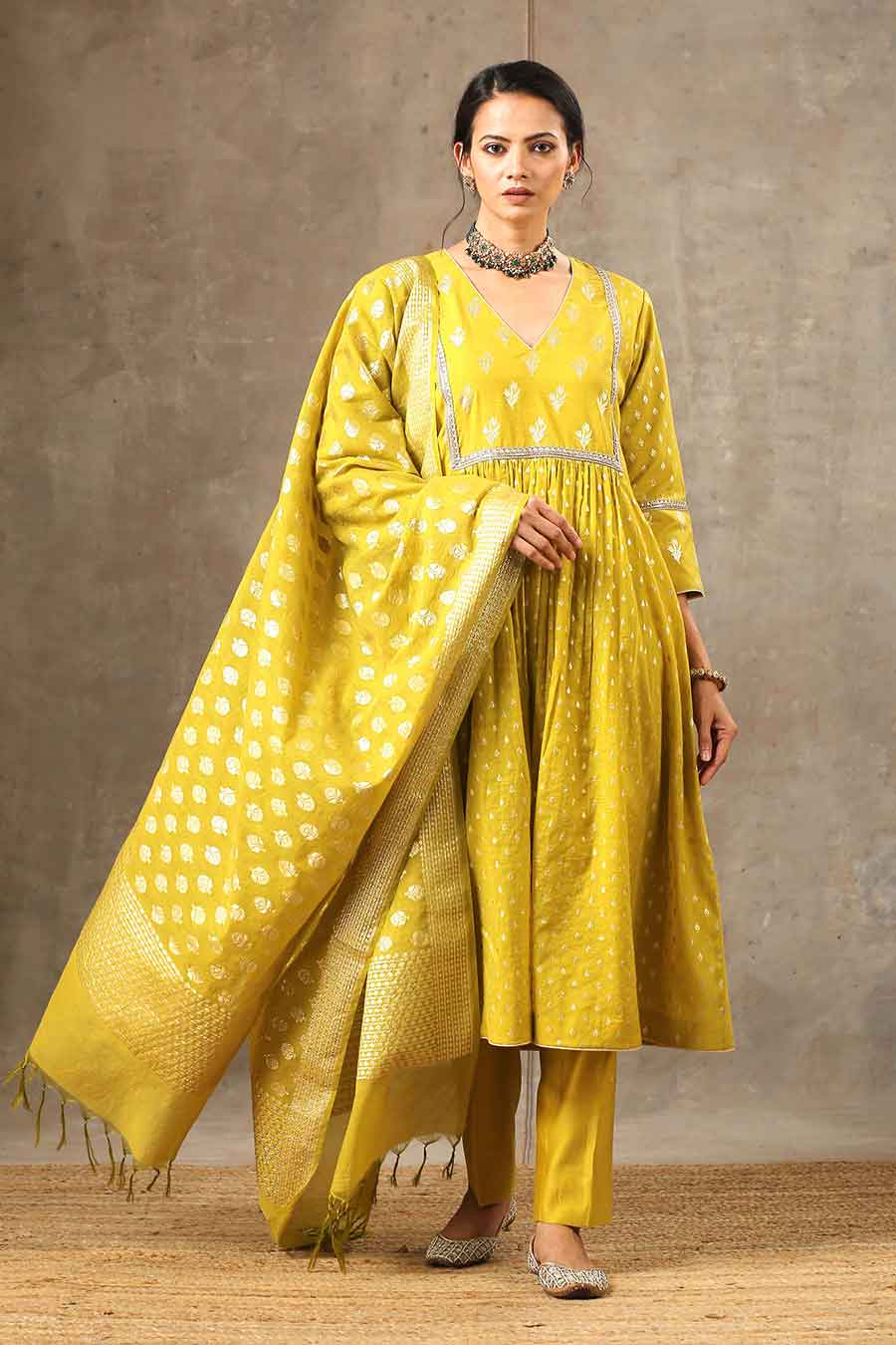 Yellow Chanderi Silk Kurta Set With Dupatta