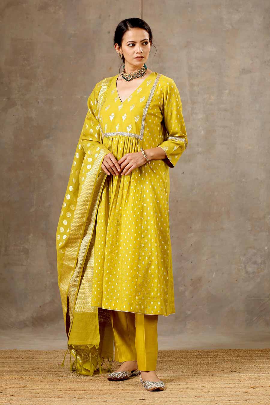 Yellow Chanderi Silk Kurta Set With Dupatta