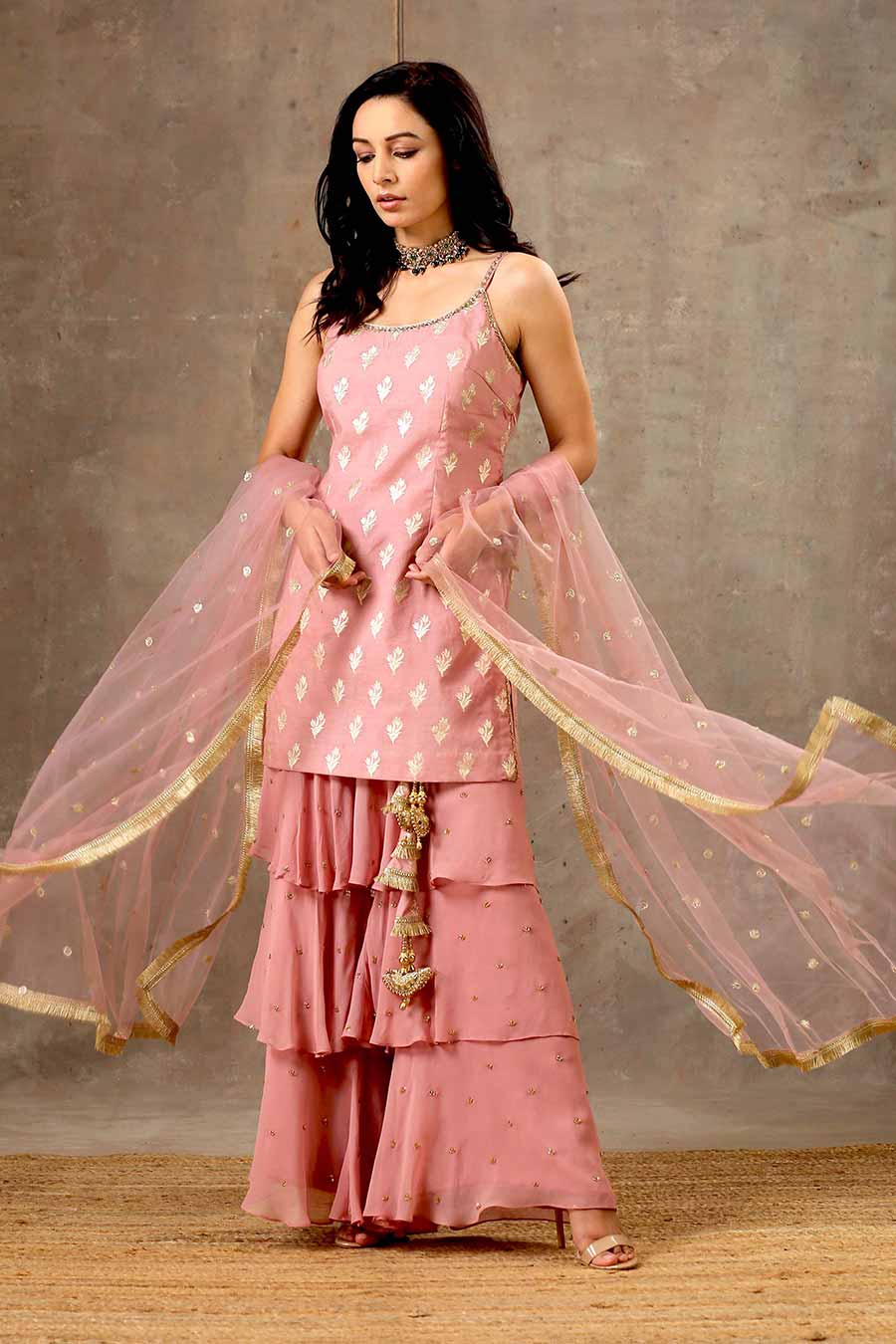 Onion Pink Embroidered Layered Sharara Set