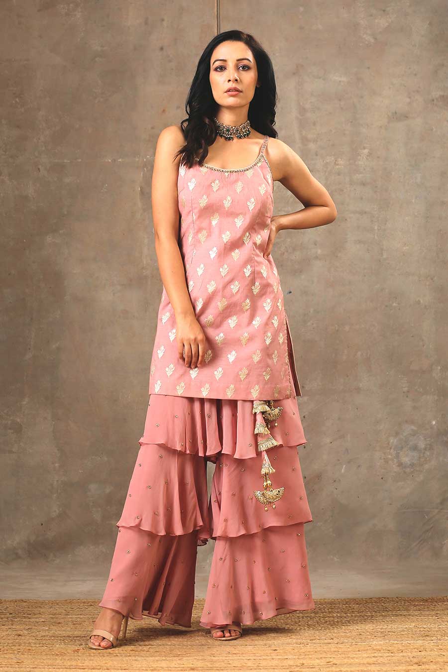 Onion Pink Embroidered Layered Sharara Set