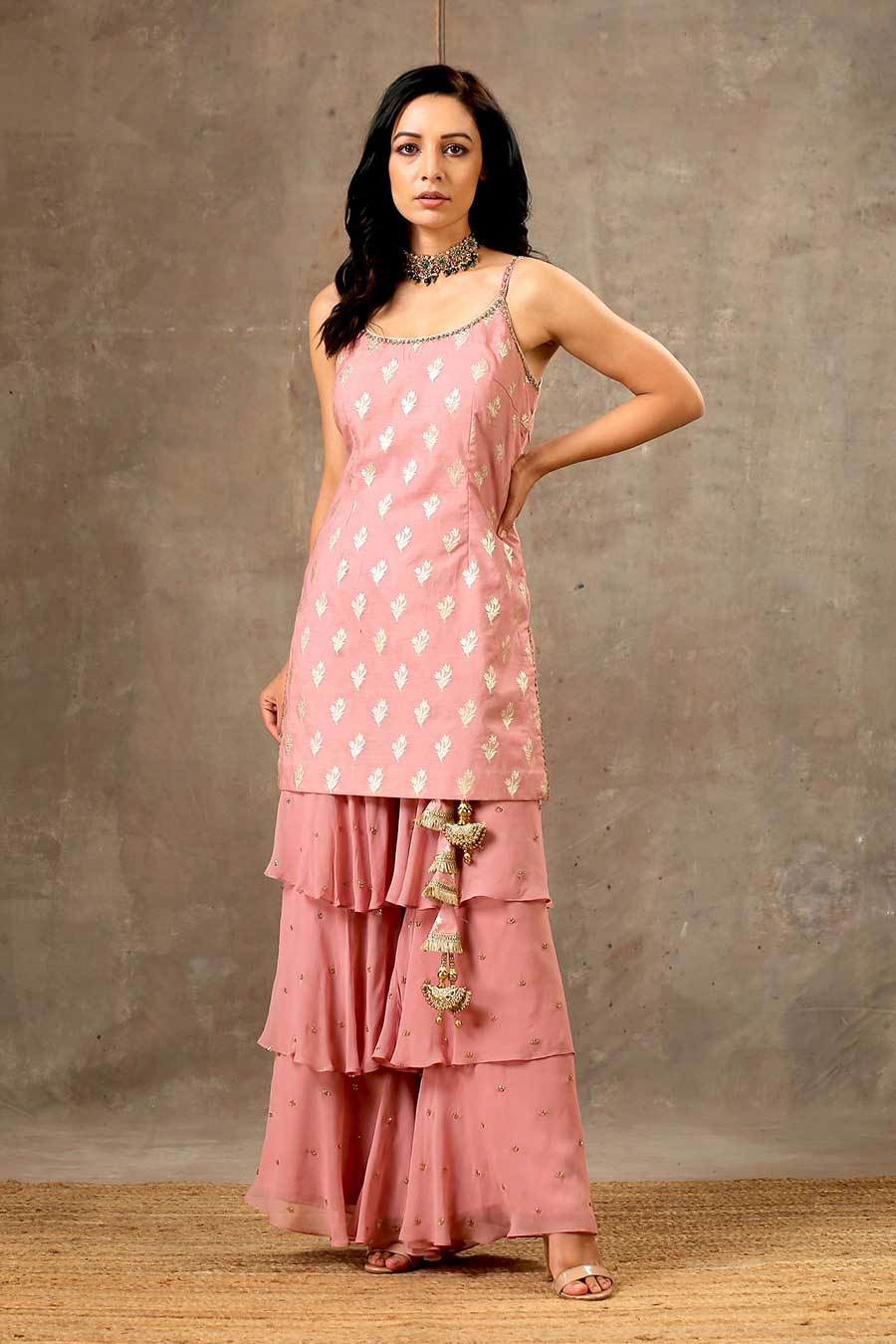 Onion Pink Embroidered Layered Sharara Set