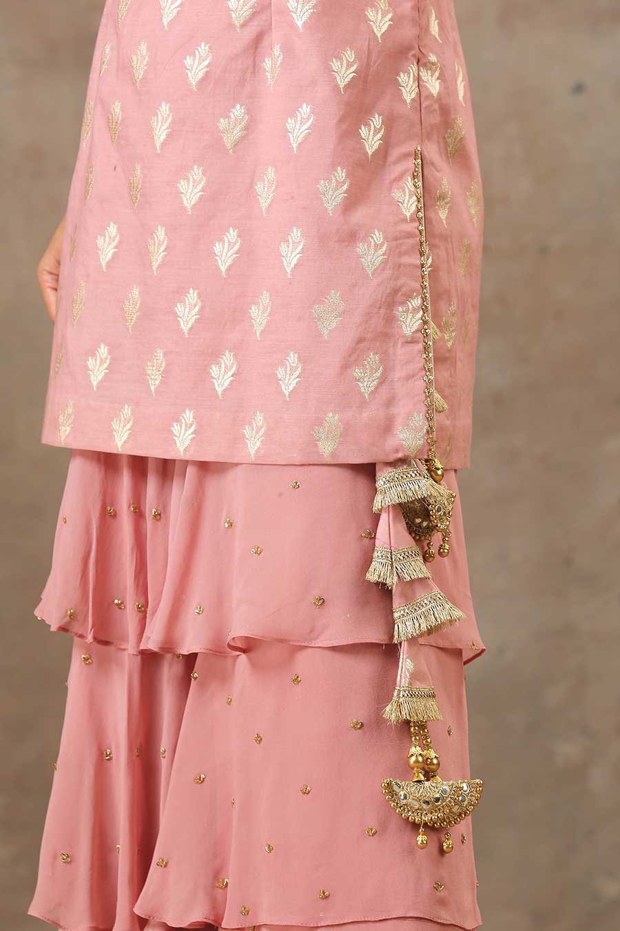 Onion Pink Embroidered Layered Sharara Set