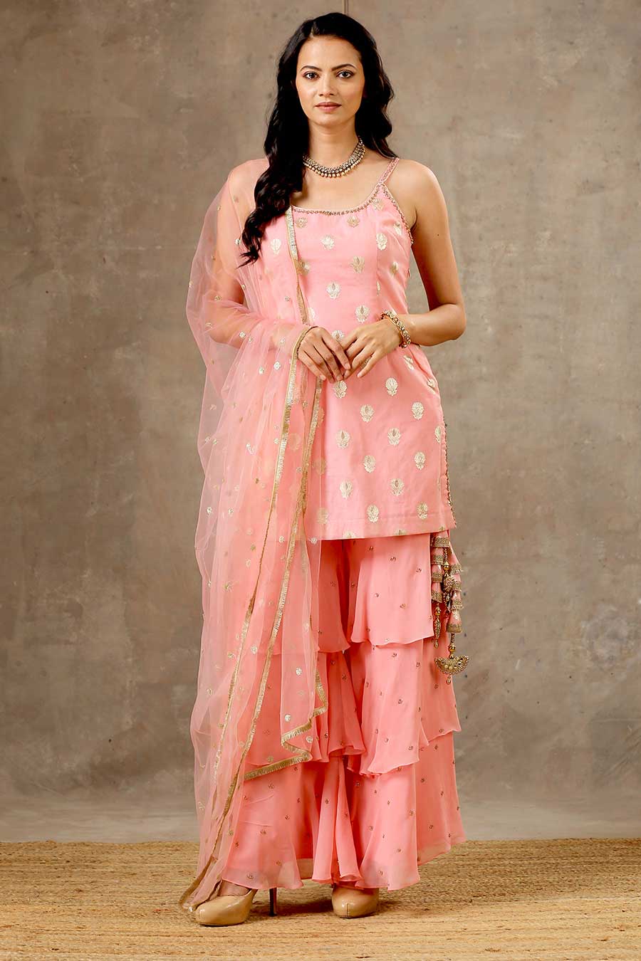 Peach Embroidered Layered Sharara Set