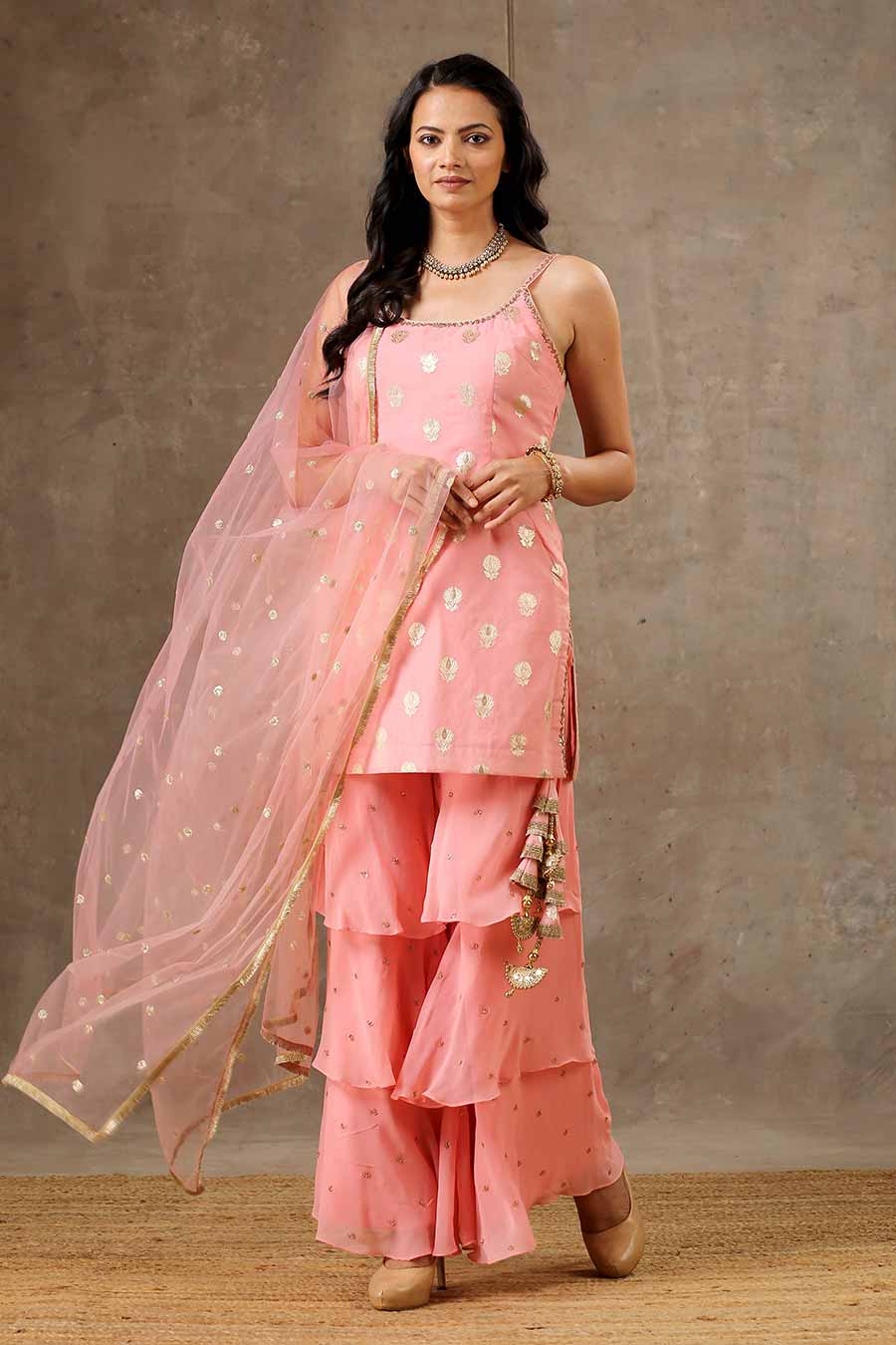 Peach Embroidered Layered Sharara Set