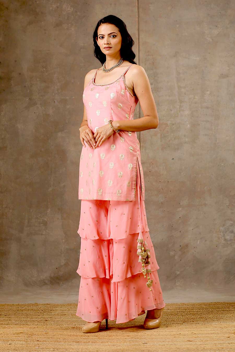 Peach Embroidered Layered Sharara Set