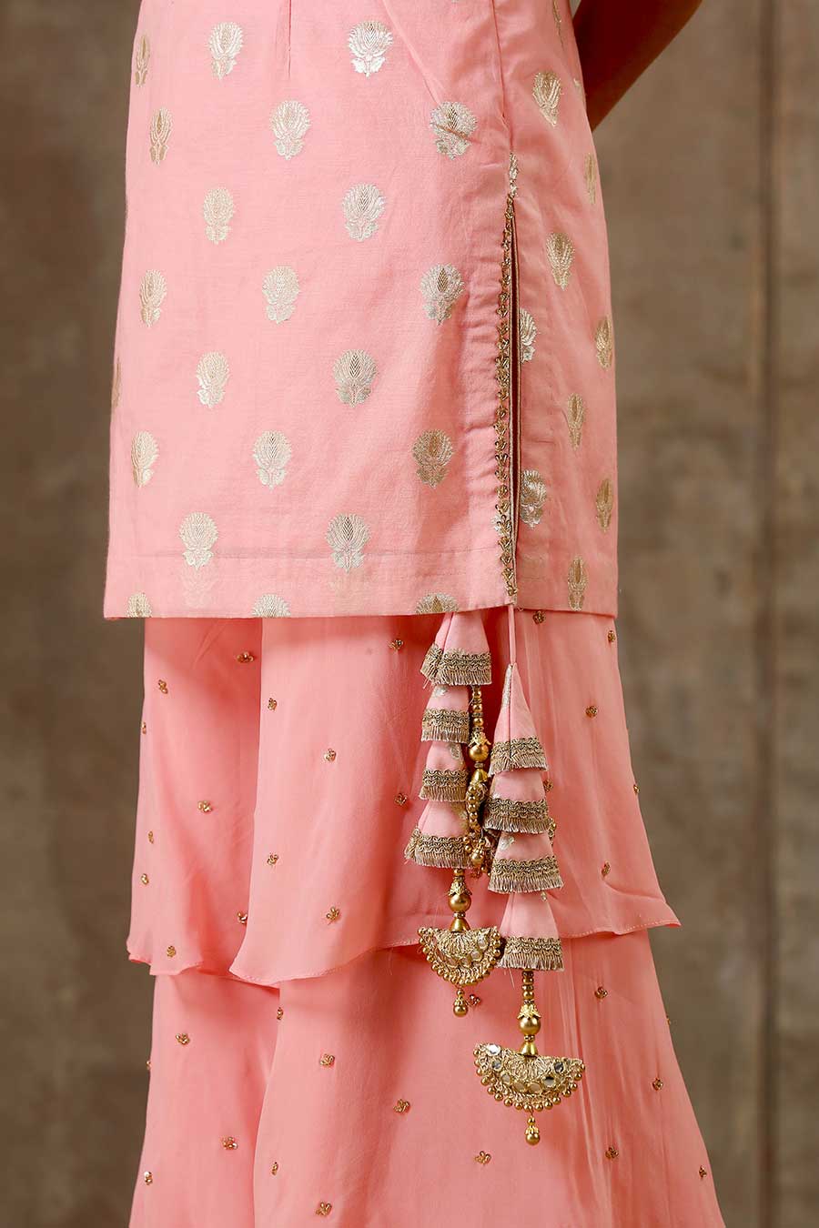 Peach Embroidered Layered Sharara Set