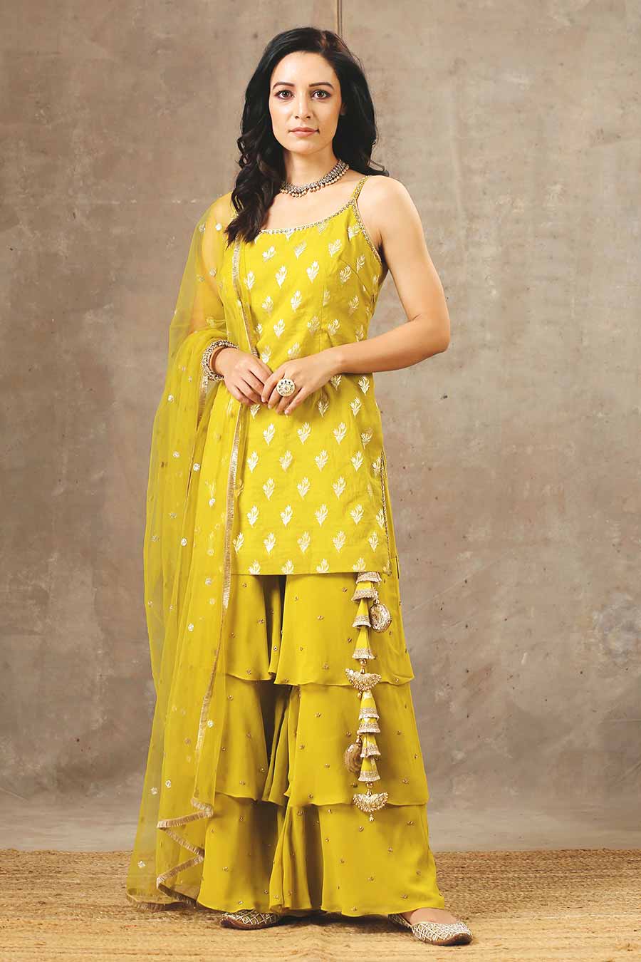 Yellow Embroidered Layered Sharara Set