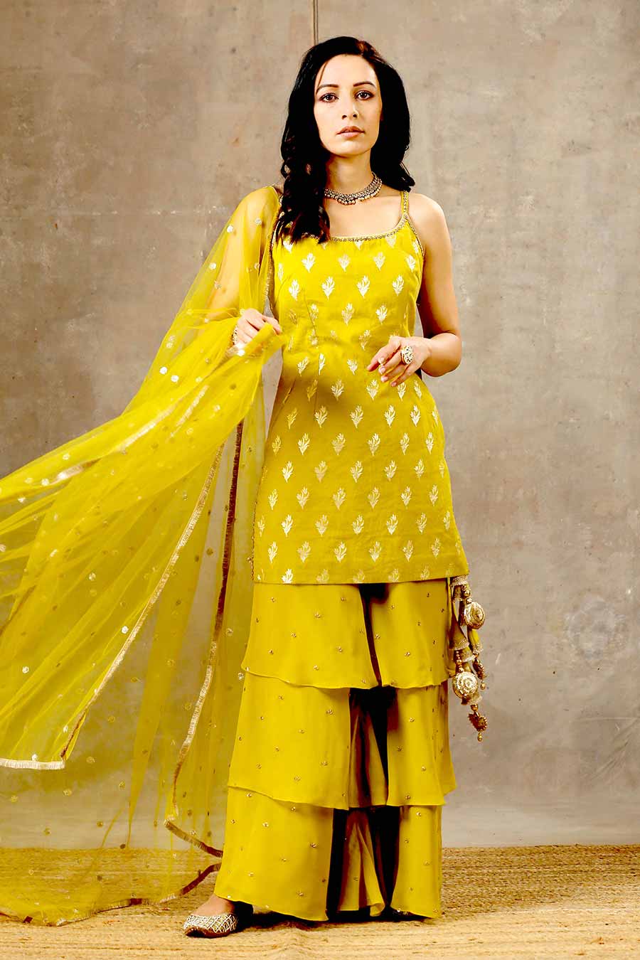 Yellow Embroidered Layered Sharara Set