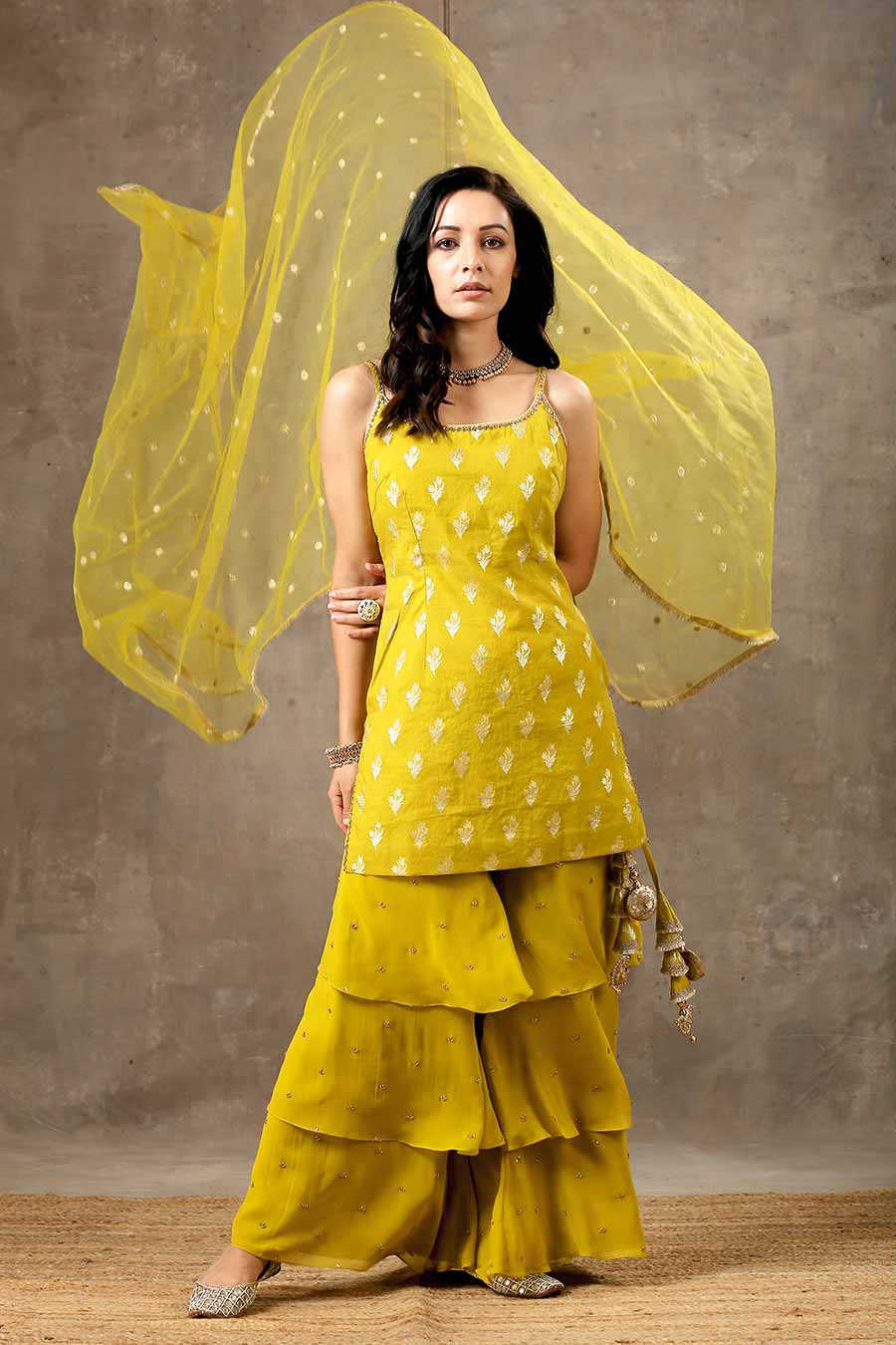 Yellow Embroidered Layered Sharara Set