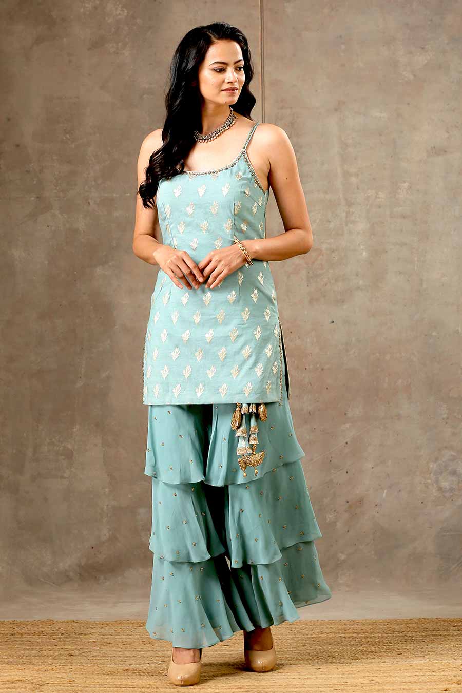 Blue Embroidered Layered Sharara Set