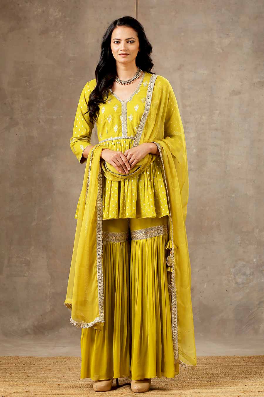 Olive Yellow Embroidered Peplum Gharara Set