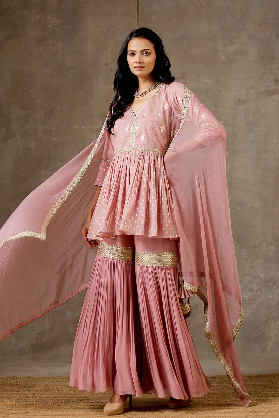 Onion Pink Embroidered Peplum Gharara Set