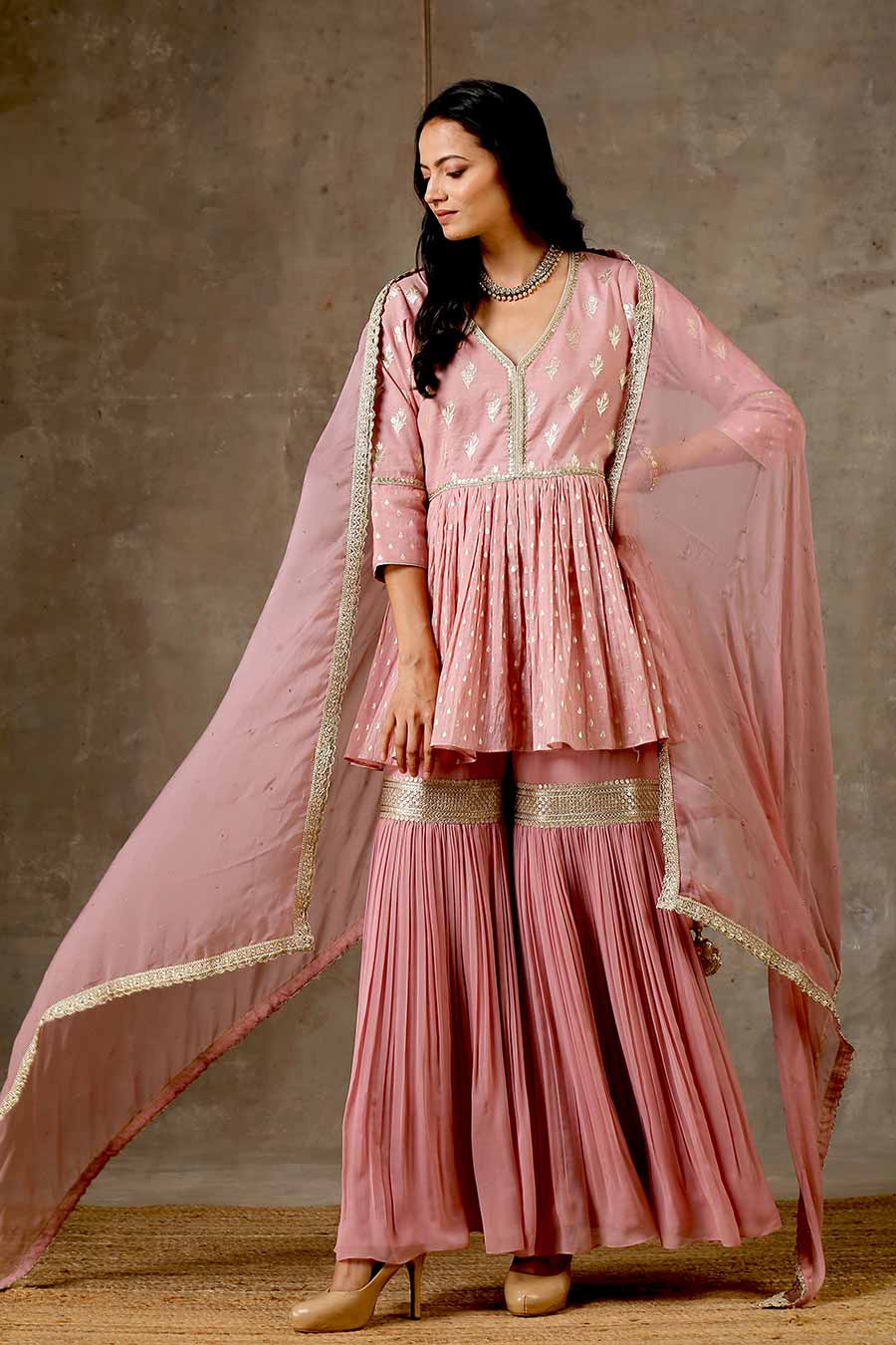 Onion Pink Embroidered Peplum Gharara Set