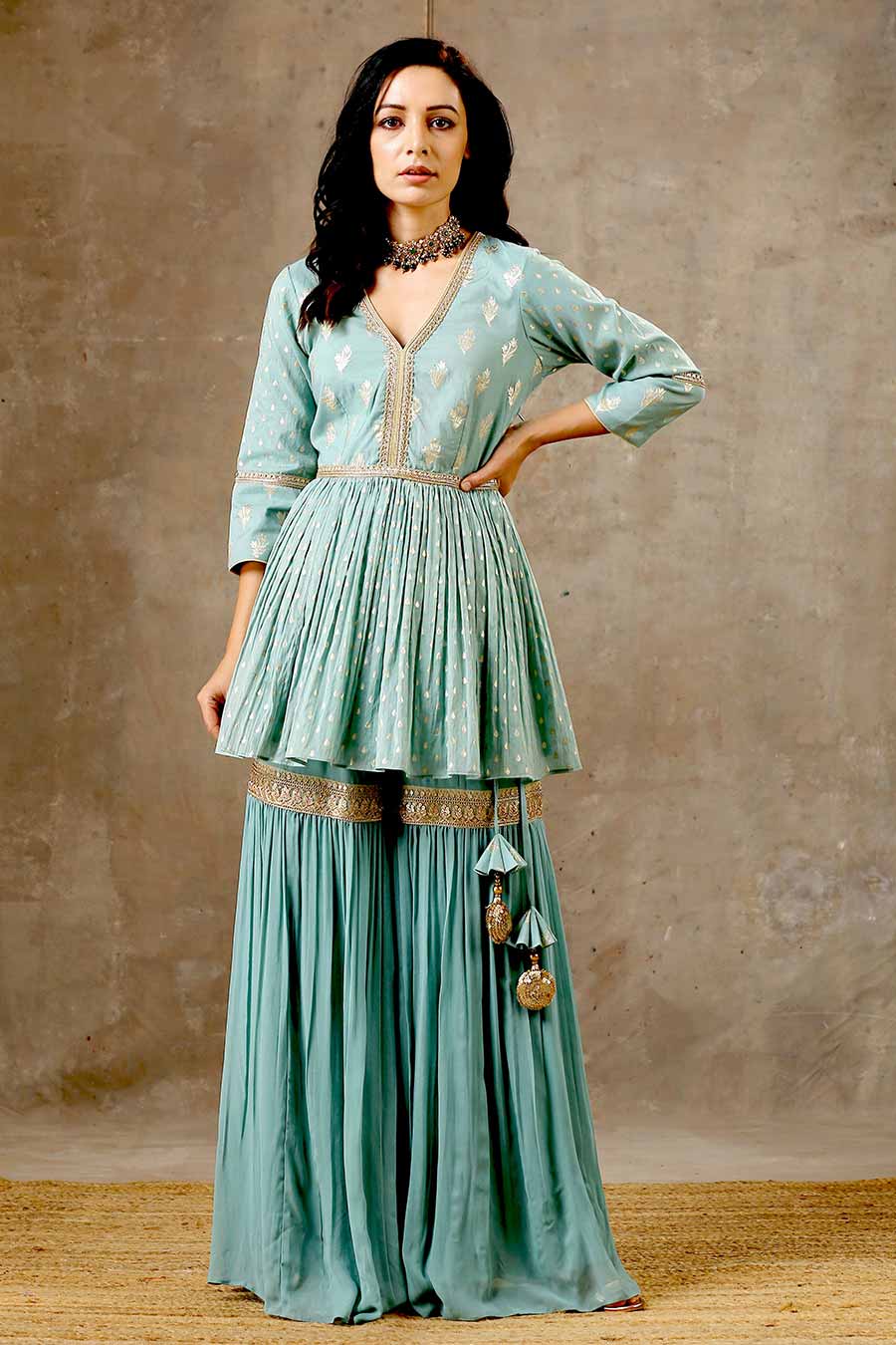 Aqua Blue Embroidered Peplum Gharara Set