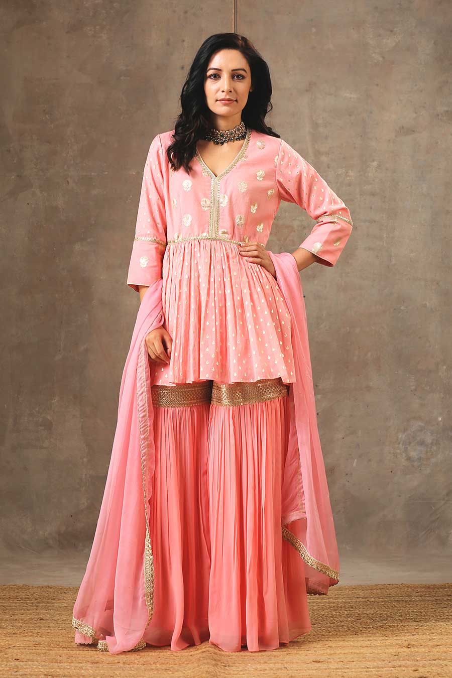 Peach Embroidered Peplum Gharara Set