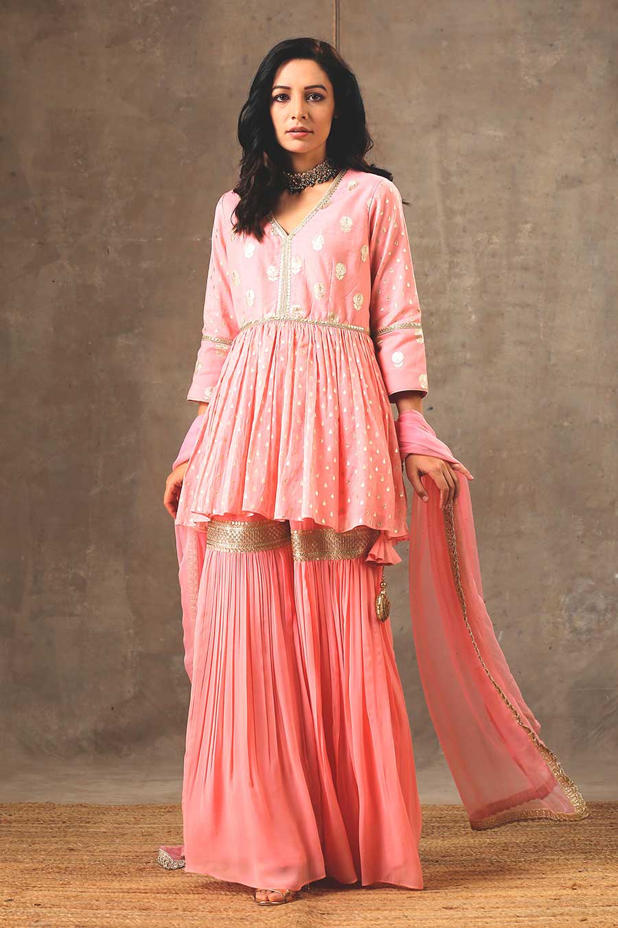 Peach Embroidered Peplum Gharara Set