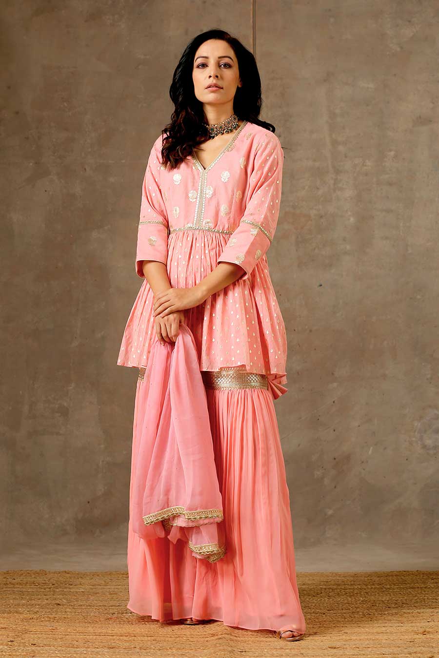 Peach Embroidered Peplum Gharara Set