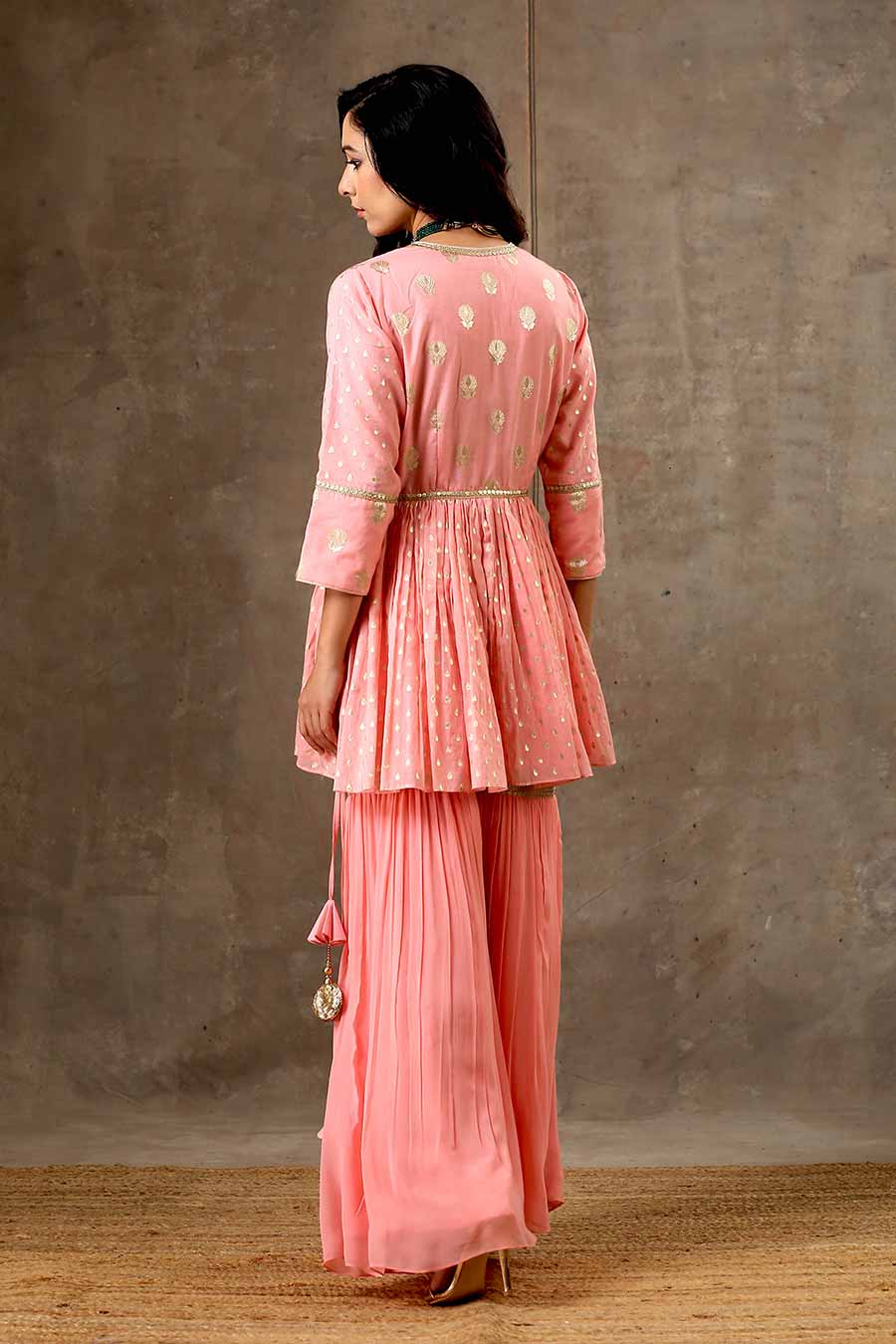 Peach Embroidered Peplum Gharara Set