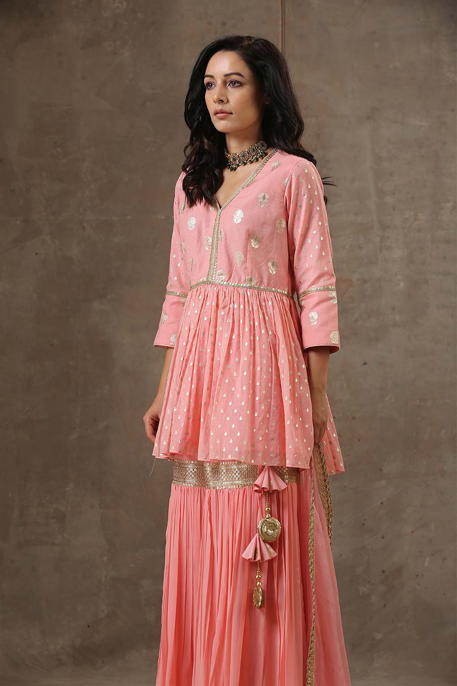 Peach Embroidered Peplum Gharara Set