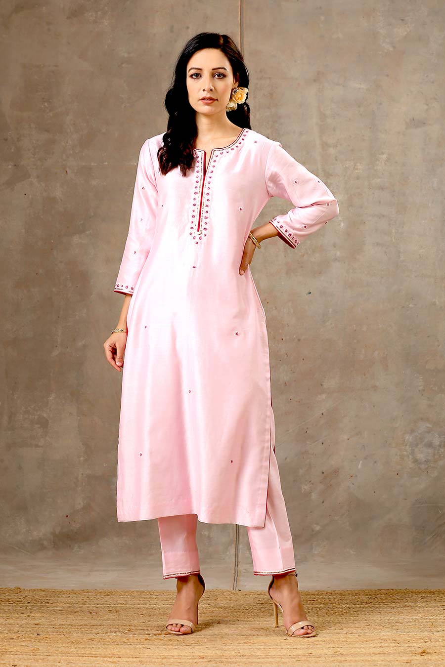 Malhaar Pink Chanderi Silk Kurta & Pant Set (2 Pc)