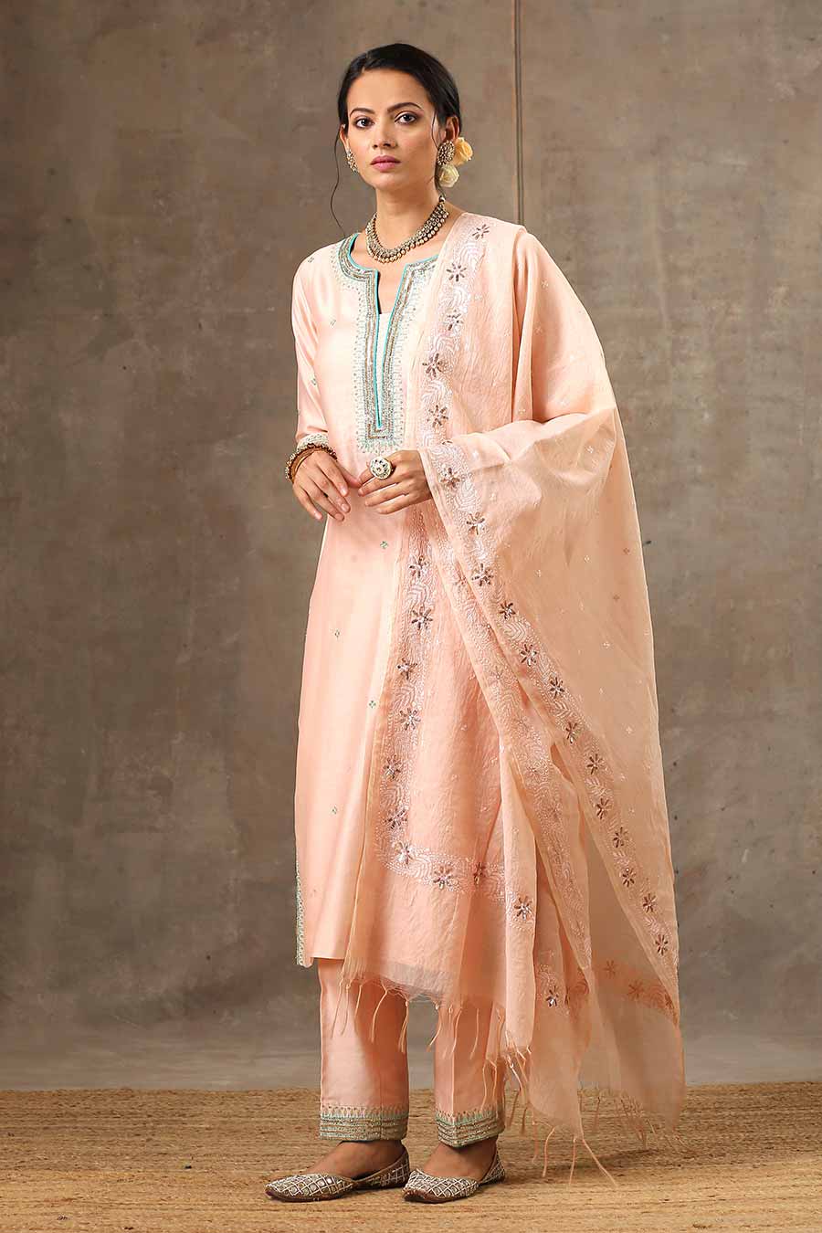 Malhaar Peach Chanderi Silk Kurta Set With Dupatta