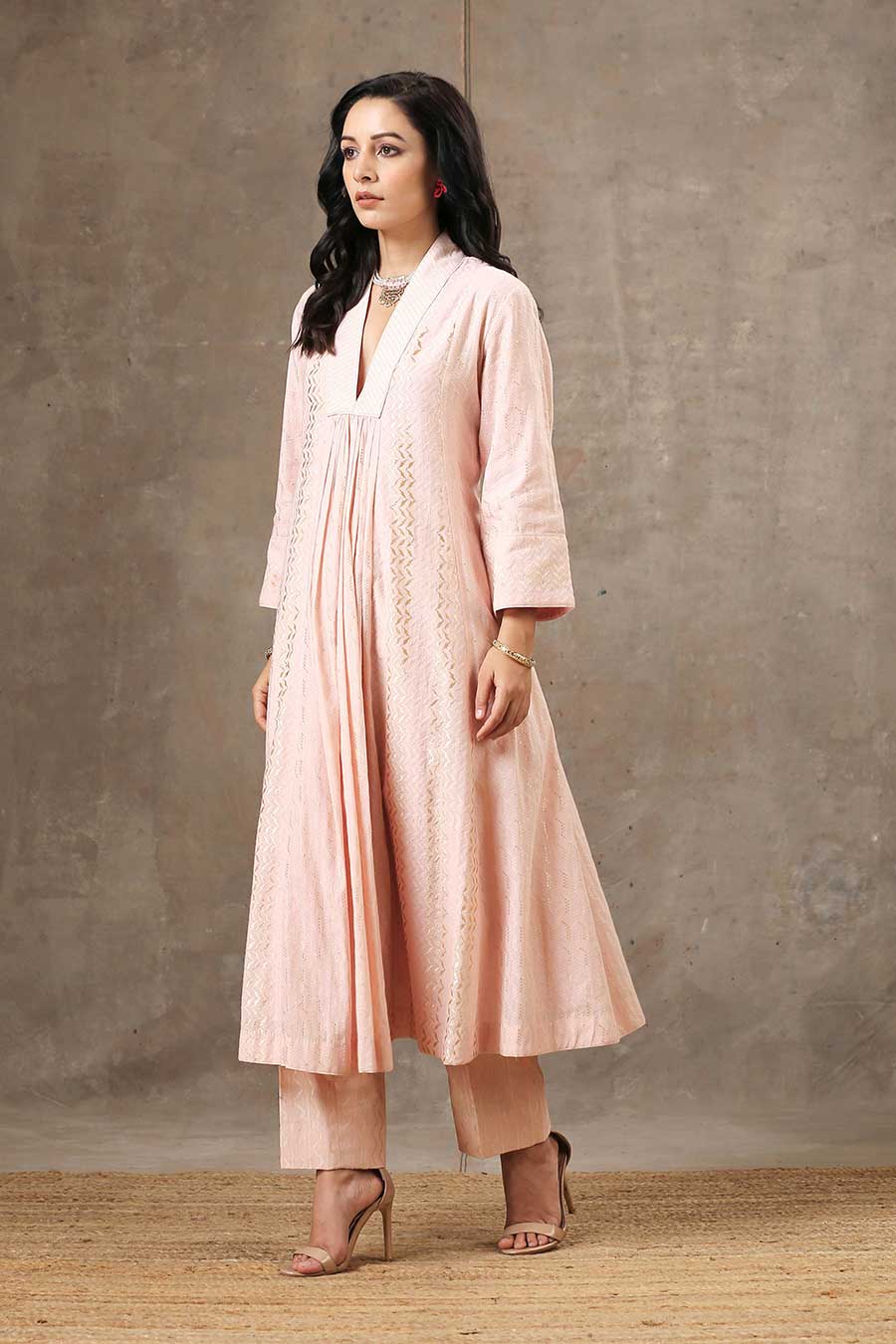 Powder Pink Woven Cotton Kurta Set With Dupatta