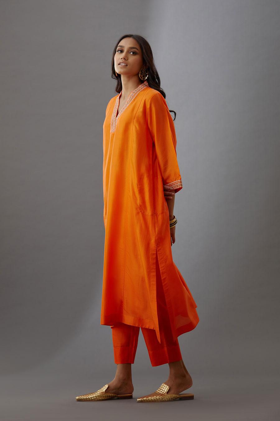 Coral Silk Embroidered Kurta & Pant Set