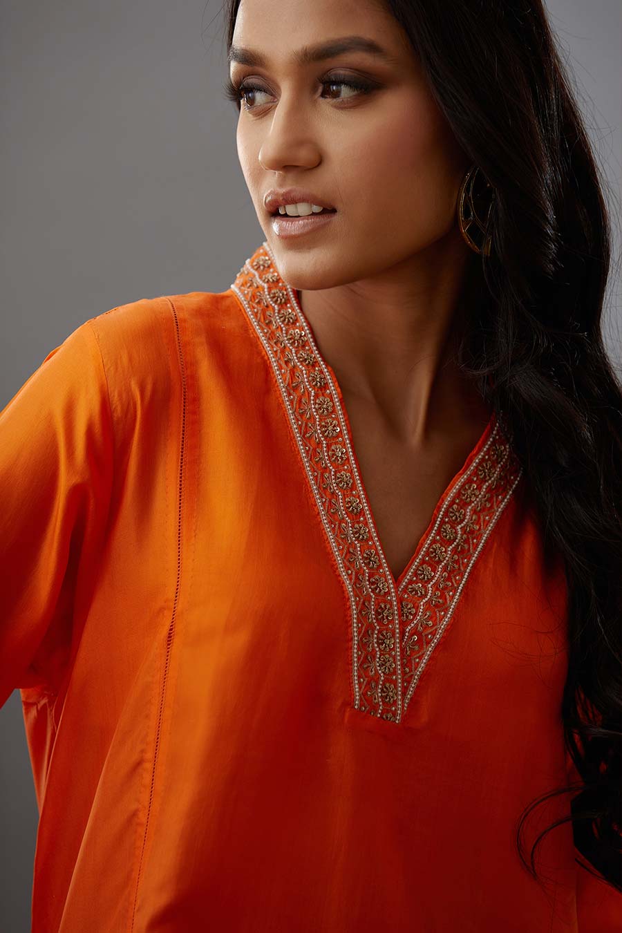 Coral Silk Embroidered Kurta & Pant Set