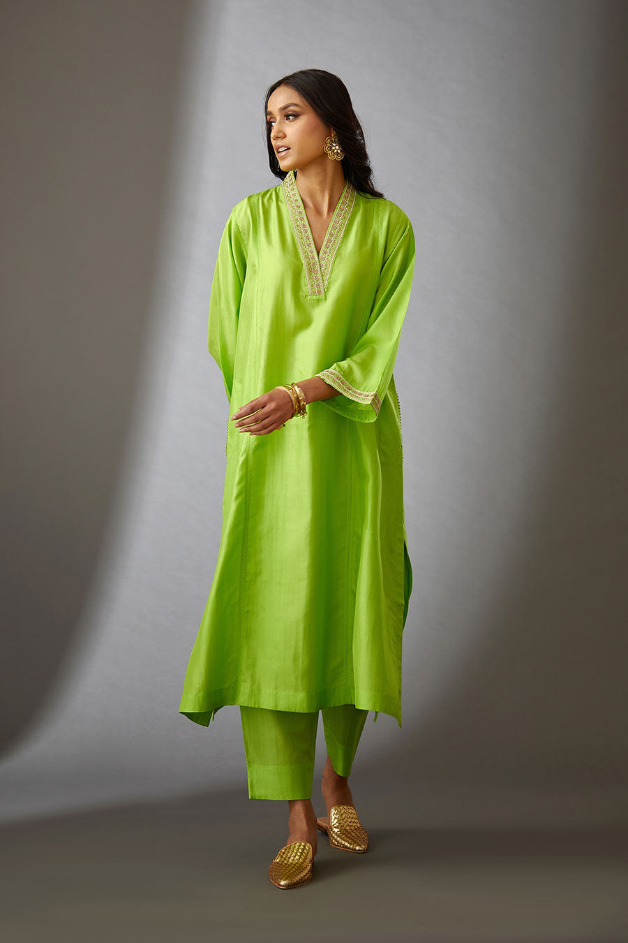 Lime Green Silk Embroidered Kurta & Pant Set