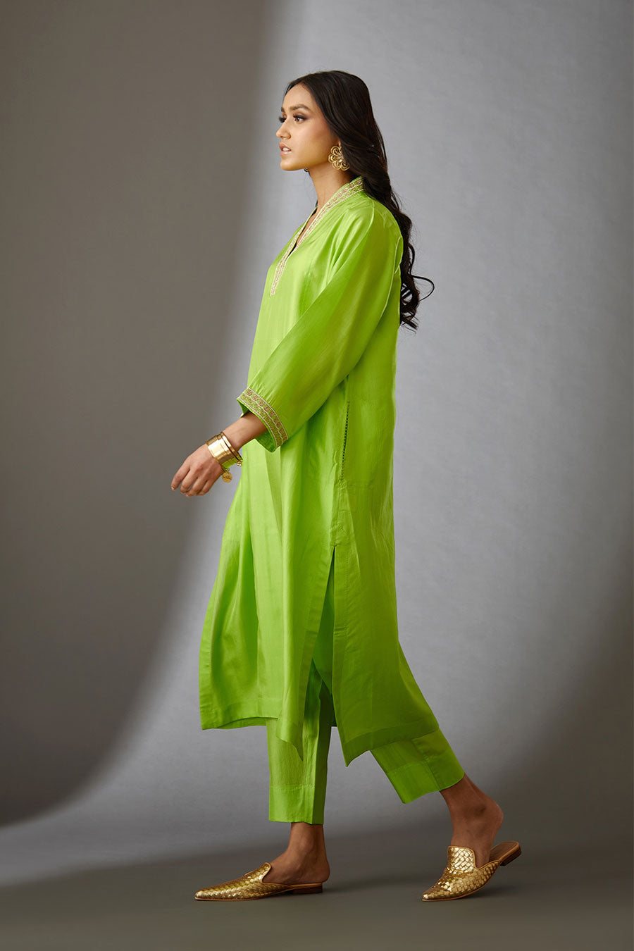 Lime Green Silk Embroidered Kurta & Pant Set