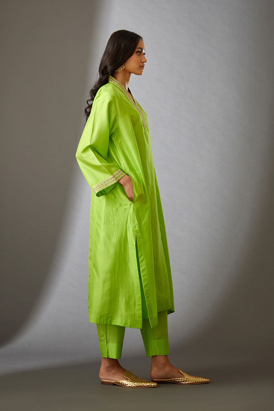 Lime Green Silk Embroidered Kurta & Pant Set