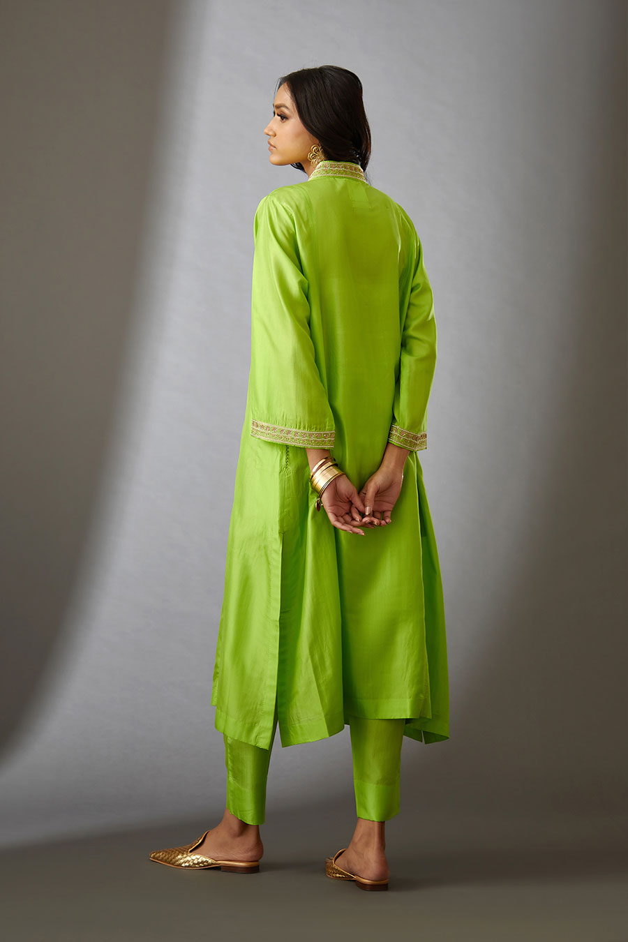 Lime Green Silk Embroidered Kurta & Pant Set