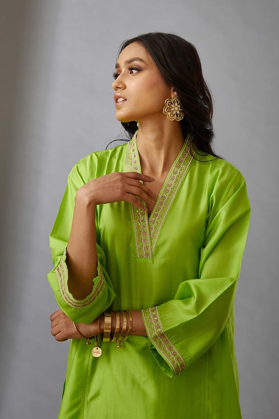 Lime Green Silk Embroidered Kurta & Pant Set