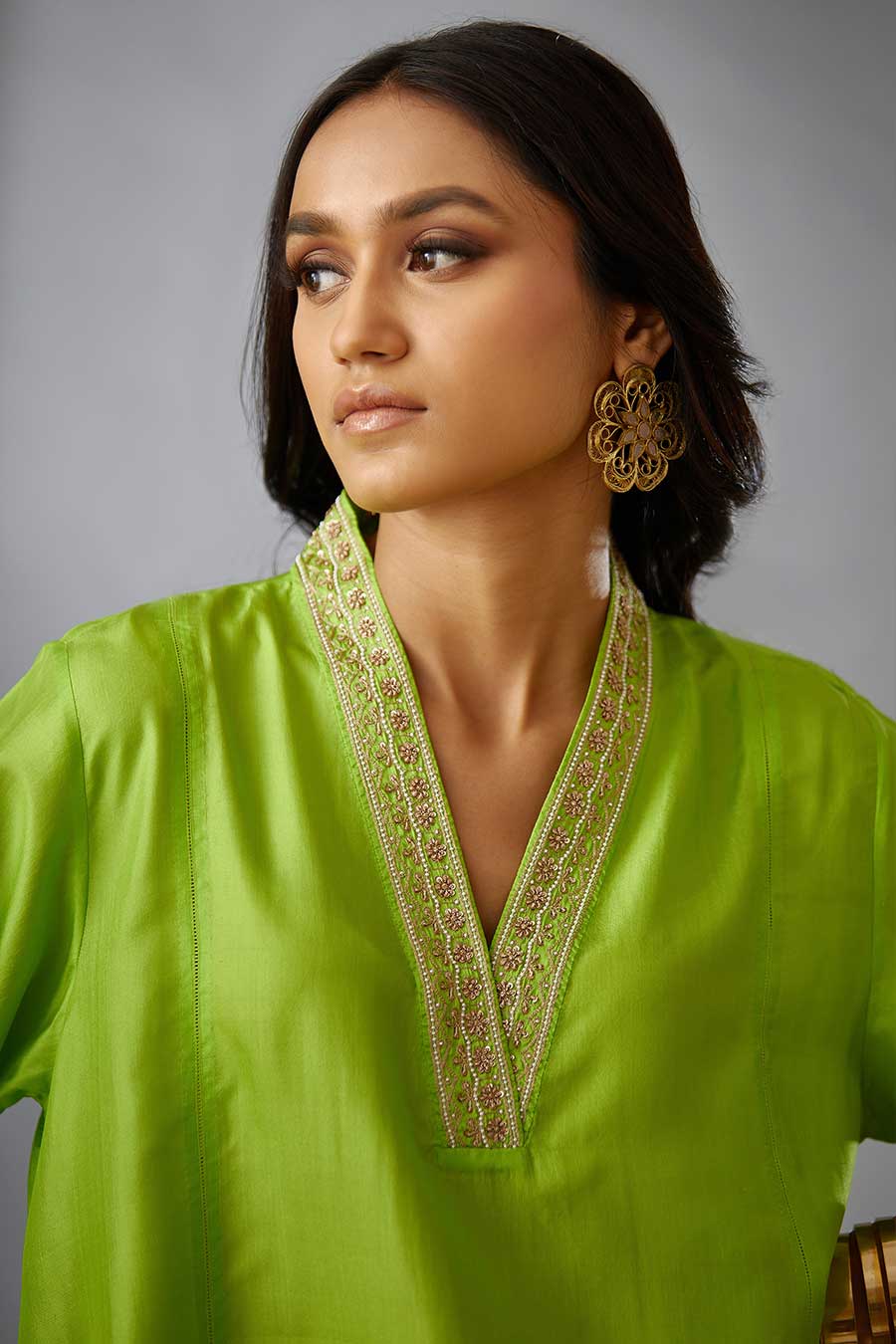 Lime Green Silk Embroidered Kurta & Pant Set