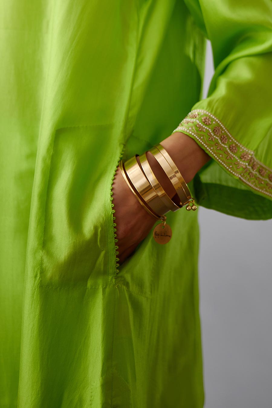 Lime Green Silk Embroidered Kurta & Pant Set