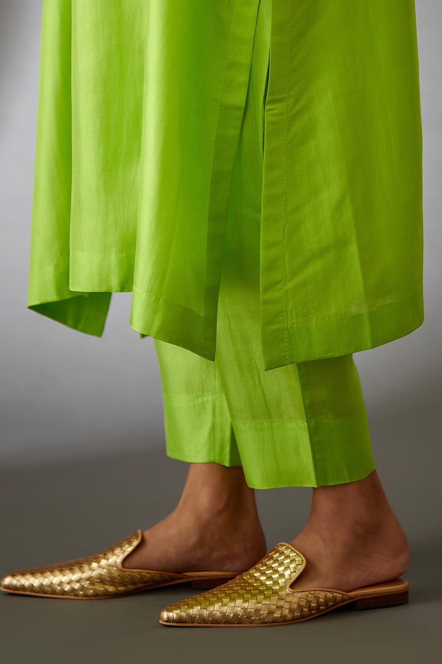 Lime Green Silk Embroidered Kurta & Pant Set