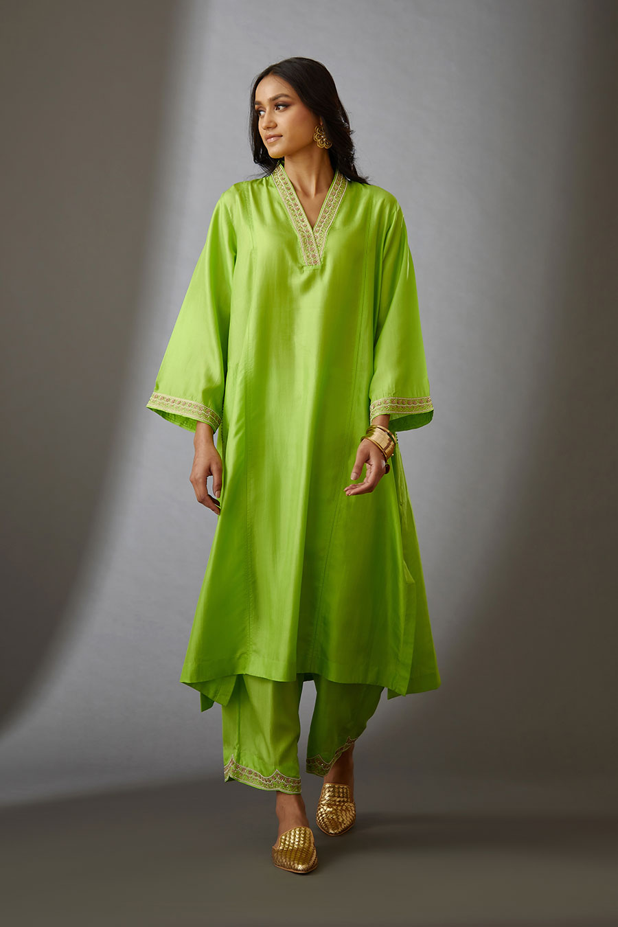 Lime Green Silk Embroidered Kurta & Pant Set