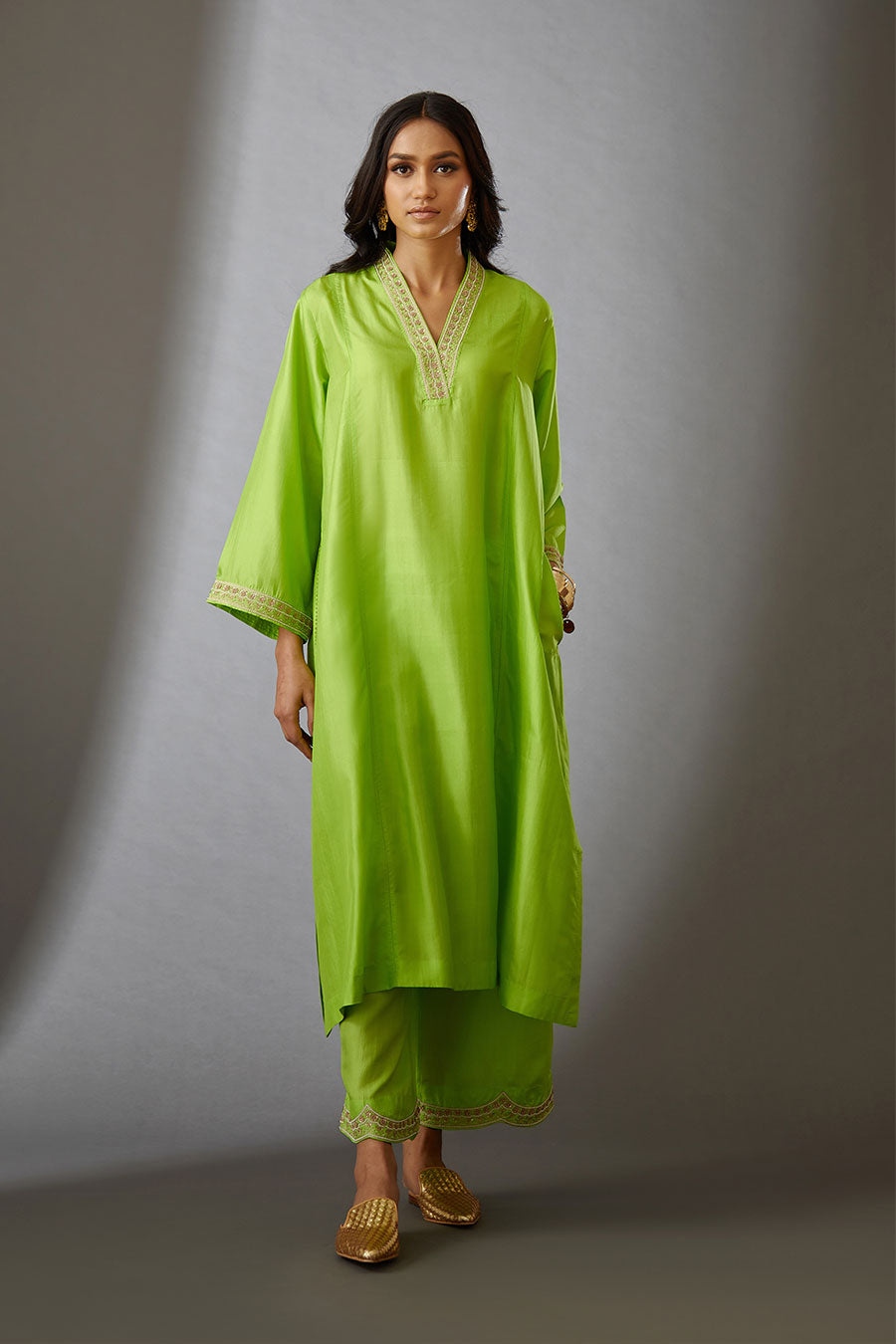 Lime Green Silk Embroidered Kurta & Pant Set